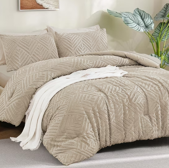ANGENIA California King Comforter Sets Oatmeal - 7 Pieces Bed in a Bag Cal King Bedding Comforter Sets - Boho Tufted Fluffy Lightweight Bed Sets with Comforter, Sheets, Pillowcases & Shams