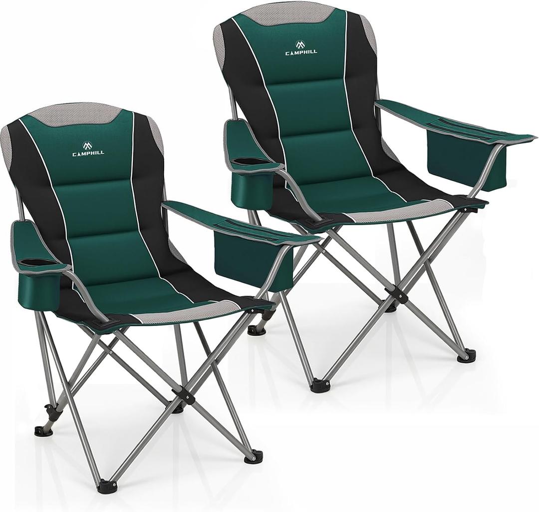2 Pack Camping Chairs for Adults - Oversized Folding Lawn Chair with Angled Backrest,Heavy Duty 400lbs,Padded Camp Chairs with Cup Holder Side Pocket Cooler Bag for Outdoor,Sports,Beach,Fishing,Green, 2PCS