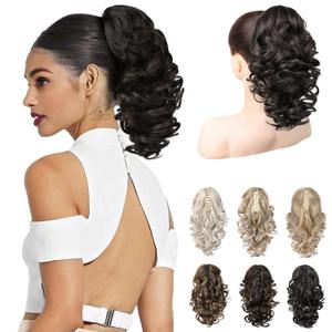 REECHO 12" Ponytail Extension, Classic Loose Curly Wavy Claw Clip Pony tails Hair Extensions Hairpieces for Women - Black Brown