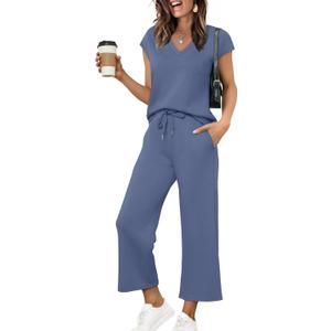 Saloogoe Two Piece Sets for Women Summer Outfits Lounge Sets V Neck Tops Wide Leg Pants Woman Vacation Travel Outfits (Large, Blue)