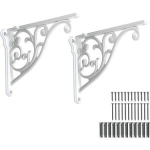 2 Pack 8 Inch Shelf Brackets, White Shelf Brackets,Metal Bracket for Shelves Ornate Heavy Duty Decorative Wall Brackets for Shelves (2, White)