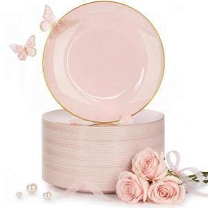 Nervure 100Pieces Pink and Gold Plastic Plates - 7.5inch Disposable Pink Salad/Dessert Plates - Heavy Duty Plastic Plate Ideal for Wedding & Party & Mother's Day