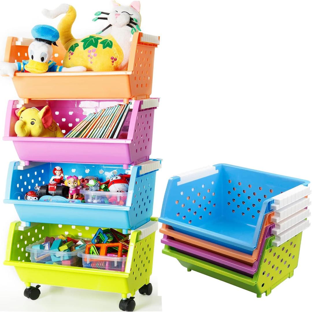 Kids' Toys Storage Organizer Bins Baskets with Wheels Can Move Everywhere Large 4 Baskets Natural/Primary (Primary Collection) (Purple&Blue&Orange&Green)