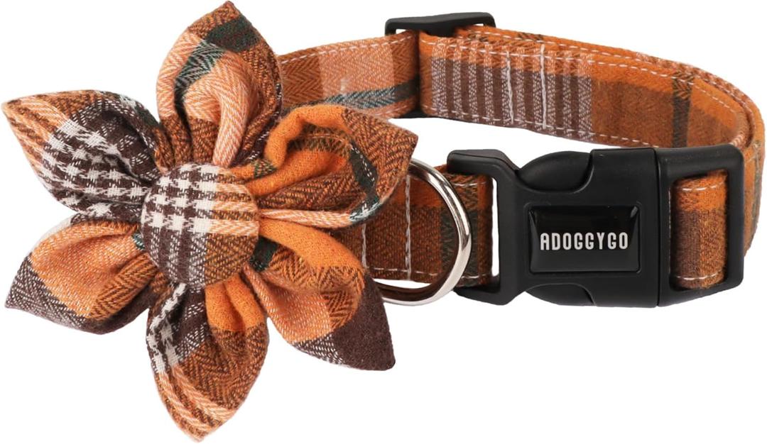 ADOGGYGO Fall Dog Collar with Detachable Floral, Adjustable Orange Plaid Thanksgiving Halloween Floral Collars for Large Dogs (Large)