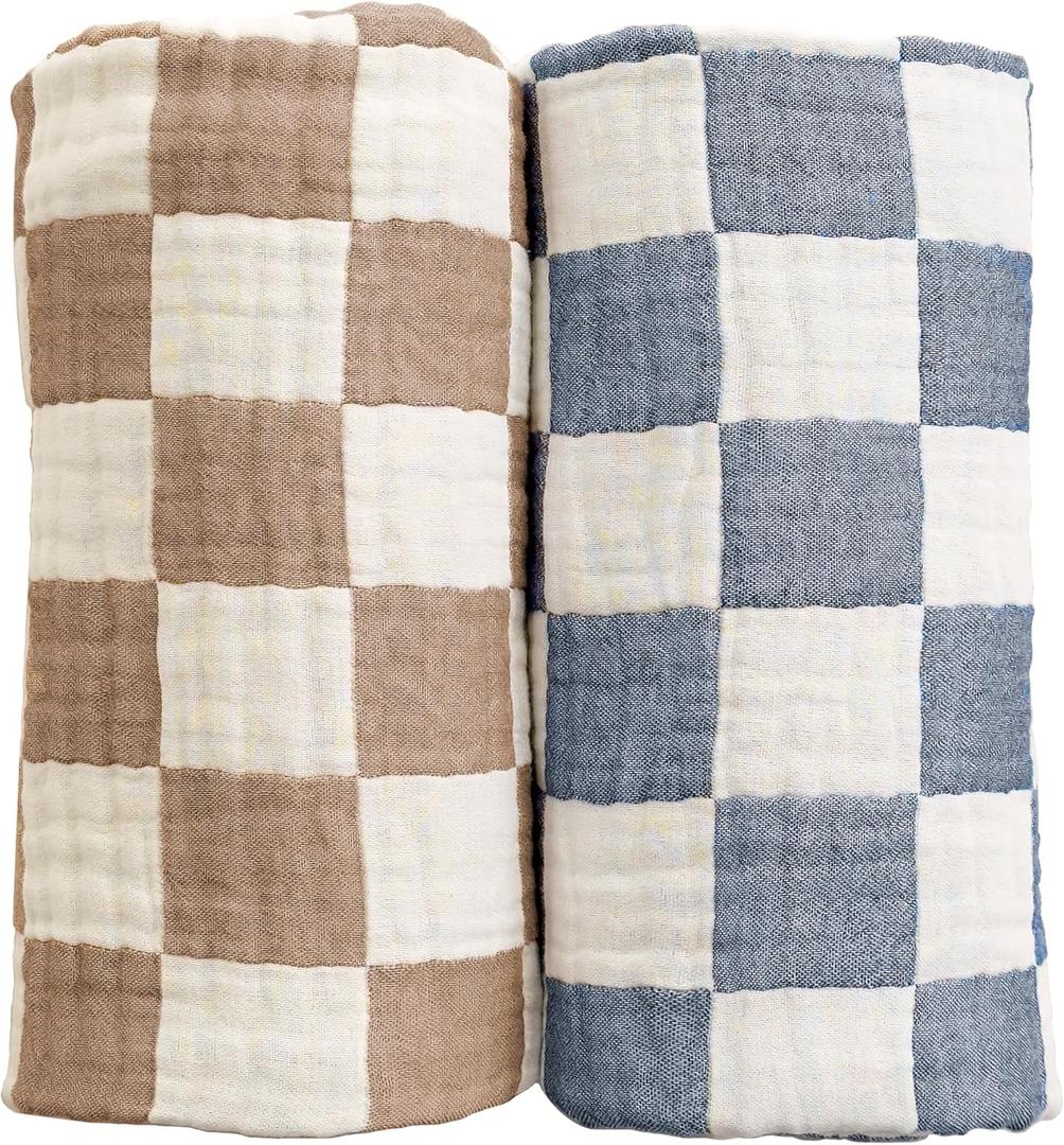 Ultra Soft Checkered Muslin Baby Blanket Pack of 2 Cotton Swaddles Bed Blankets for Babies and Toddlers Boys Newborn 42 x 42 inches (Blue and Coffee)