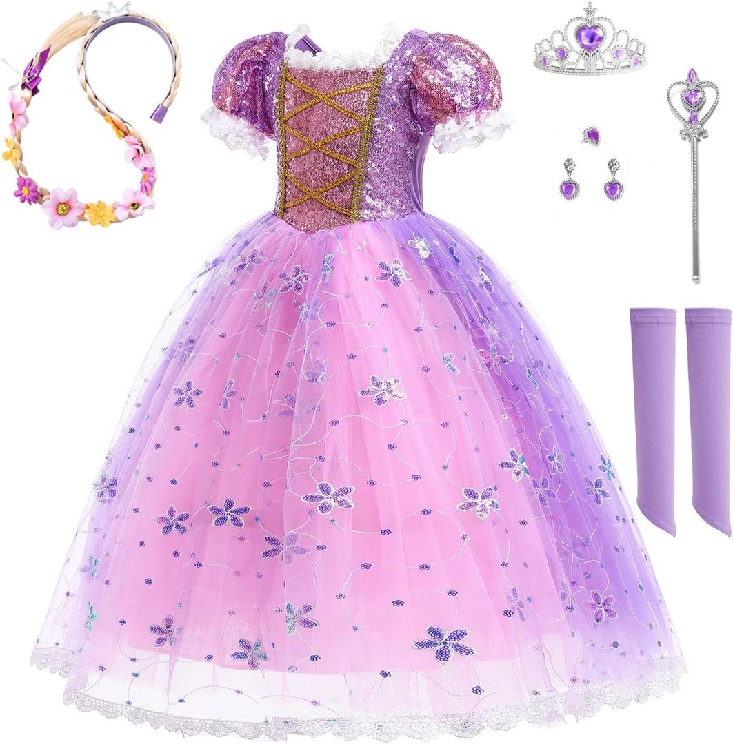 Purple Dress Princess Costume Girls Dress Up for Birthday Party Christmas Theme Outfit Accessory (Purple), Size: 5-6 Years