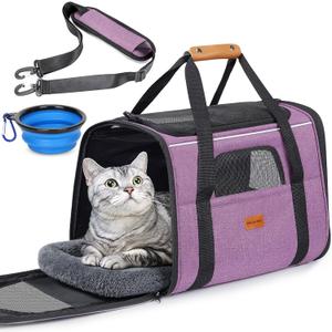 Morpilot Pet Travel Carrier Bag, Soft-Sided Dog Carrier Cat Carrier Pet Carrier, for Large Cats and Medium Puppies up to 25lbs, with Locking Safety Zippers, Foldable Bowl (Purple), Size: 18.0"L x 12.5"W x 14.0"H