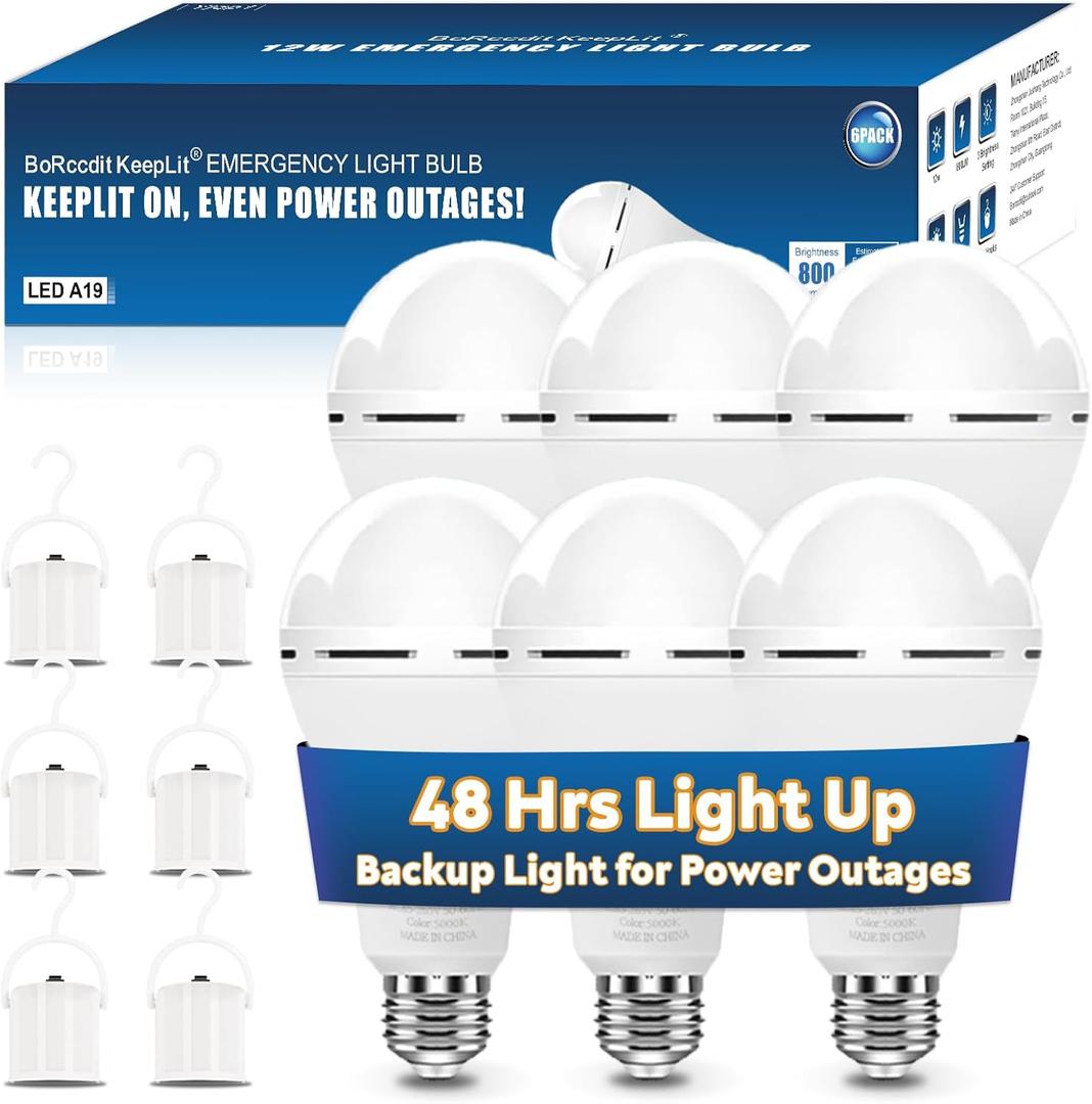 BoRccdit KeepLit 6 Pack Emergency Rechargeable Light Bulbs, 48H Long Lasting & 3 Brightness Battery Light Bulb,12W 5000K Battery Backup Emergency Lights for Home Power Failure,Hurricane Supplies