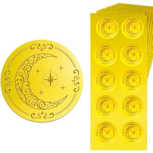 Peacoblue Gold Embossed Sticker Seal 1.4 Inch 150Pcs Moon and Star, Self Adhesive Golden Around Embossing Decals for Party Favors Invitation Envelope Seal Gift Card Certificate Decoration