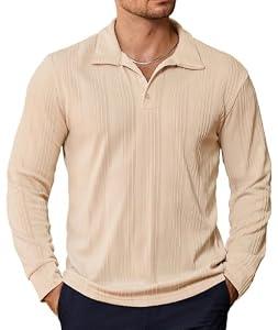 PRIVIMIX Mens Knit Polo Shirts Long Sleeve Fashion Textured Polo Sweater Stretchy Pullover Sweaters for Men Casual Golf Shirt Beige-L