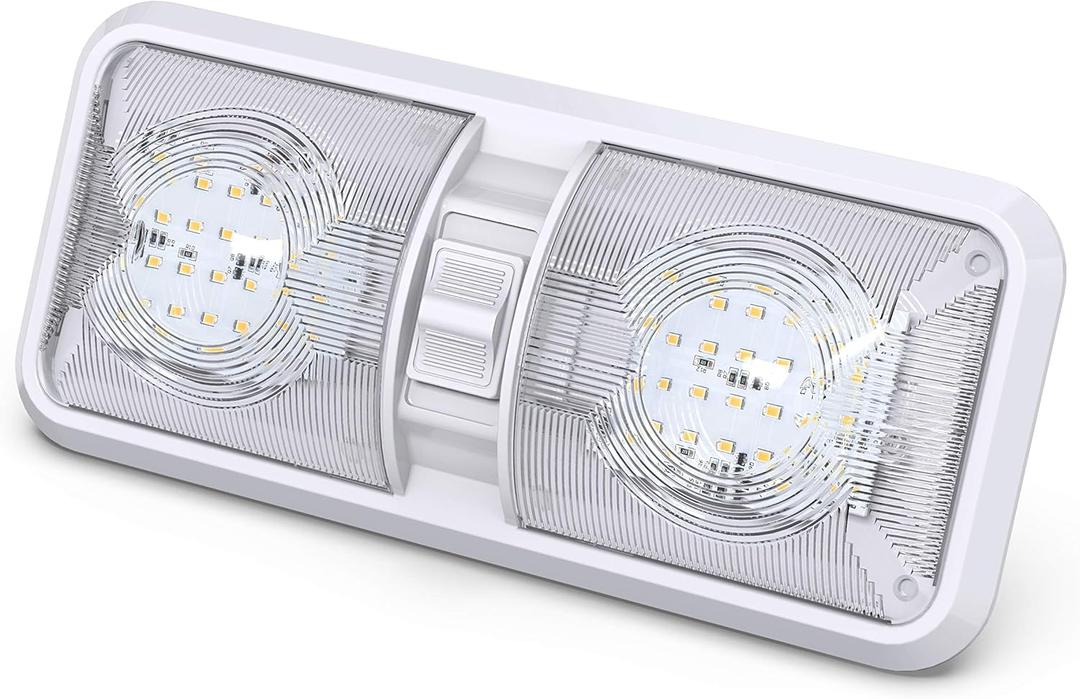 Leisure LED RV LED Ceiling Double Dome Light Fixture with ON/OFF Switch Interior Lighting for Car/RV/Trailer/Camper/Boat DC 12V Natural White 4000-4500K 48X2835SMD Natural White 4000-4500K, (1 Pack)