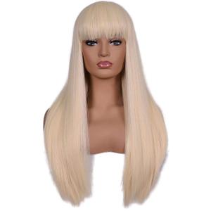 morvally Women's 26 inches Long Straight Blonde Synthetic Resistant Hair Wigs with Bangs Natural Looking Wig for Women Halloween Cosplay (Blonde)