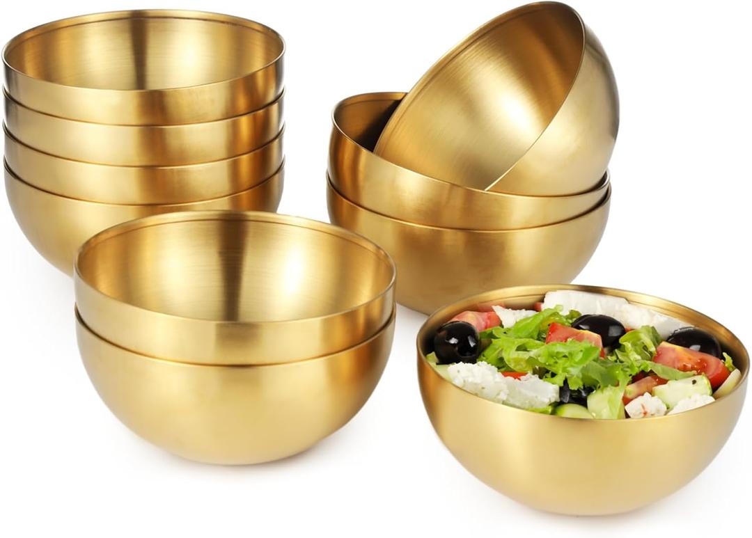 10 Pcs Gold Bowls, 5.9Inch Stainless Steel Mixing Bowls, Decorative Salad Bowls, Metal Food Serving Bowls, Single-Wall Bowls for Cereal, Fruits, Snacks