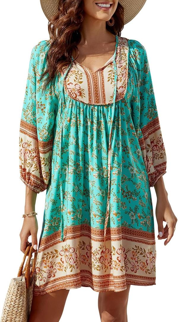 Qearal Womens Casual V Neck 3/4 Sleeve Boho Floral Printed Loose Short Mini Summer Beach Dress (Small, Light Green)