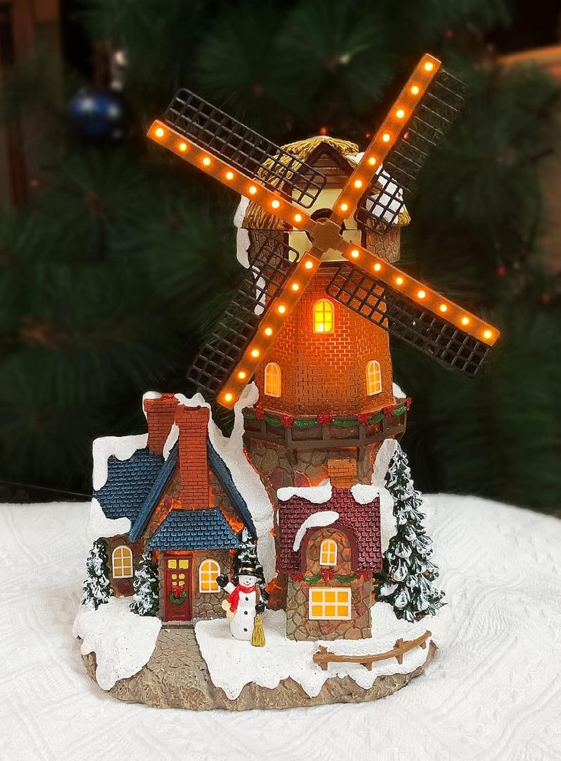 MOMENTS IN TIME Lighted Windmill Christmas Village Building LED Lights & Animation 12.2 Handcrafted House Battery Operated Holiday Decoration Gift Wrapped Ready
