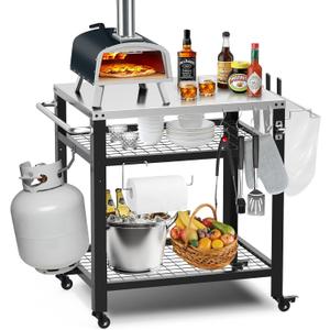 M METERXITY Stainless Steel Pizza Oven Table for Ooni, 650lbs Outdoor Grill Cart with Wheels and Handle, 32"x 24" Three-Shelf Food Prep Cart for Griddle, Movable Outdoor Pizza Cart