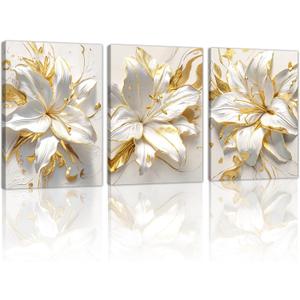 WENGTIAO 3Pcs Elegant White Lily Flowers Canvas Wall Art Boho White Floral Gold Edges Prints Pictures Paintings Beige Blossom Artwork for Living Room Bedroom Office Bathroom 16x24 x3