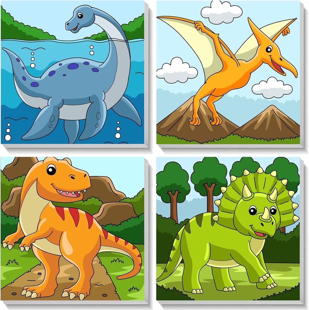 3 Pack Dinosaur Paint by Number for Kids with Wooden Frame,3 Dinosaurs Canvas Paints by Number Canvas, Dinosaur Gifts for Kids Easy Paint with Numbers DIY Acrylic Oil Painting Kits for Home Wall Decor