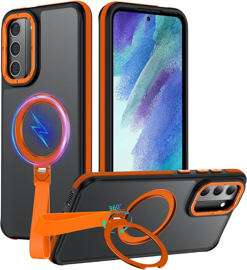 for Samsung Galaxy S21 FE Phone Case with 360° Spin Magnetic Stand-Finger Strap, [Fit for MagSafe][Mil-Grade Protection] Non-Slip Shockproof Ring Holder Matte for S21 FE 5G Case (Orange)