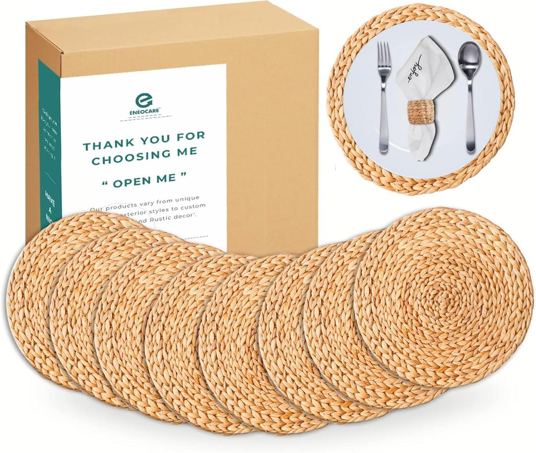 Round Woven Placemats Set of 8, Wicker Placemats, Natural Water Hyacinth Placemats, Braided Straw Table Mats, Heat Resistant Non-Slip for Kitchen, Dining and Home Decor (13.5")