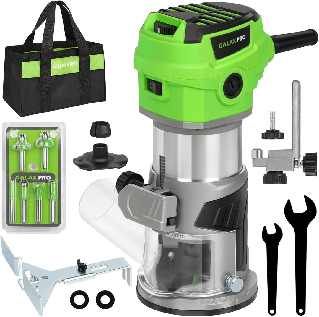 GALAX PRO 6.5 Amp Compact Wood Router with Fixed Base,1.25 HP Variable-Speed Trim Router 12000-30000RPM, Router Bits, Edge Guide, Roller Guide & Dust Hood