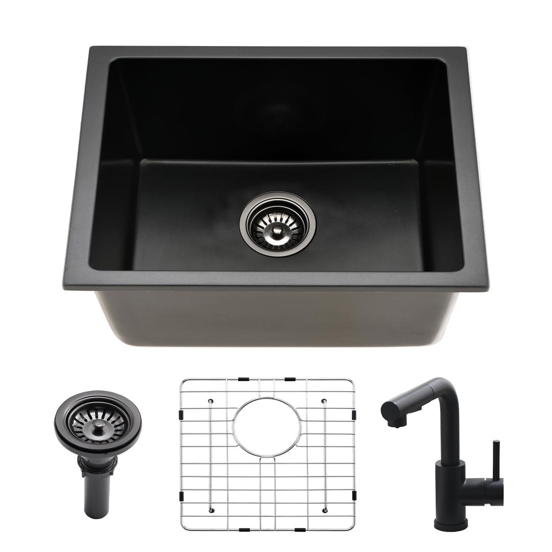 24 Inch Black Undermount Kitchen Sink-Bokaiya 24x19 Inch Wet Bar Sink with Faucet Quartz Matte Black Granite Composite Single Bowl Kitchen Sink