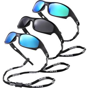 Pro Acme Kids Sunglasses for Boys Girls, Polarized Sports Youth Sunglasses with Strap for Kids Ages Color 3-12 (A2 Black/(Blue Mirrored+ Green Mirrored)+ Black/Gray)