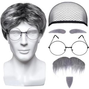 Costume Set: Wig, Wig Cap, Glasses, Fake Beard & Eyebrows - Adult Unisex Cosplay Accessories - Masquerade, Birthday, Wedding, Halloween & More