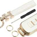 Motoforti Key Fob Cover Kit Compatible for Mitsubishi Outlander, 3 Button Gold Tone Edge Fashion Soft TPU White Remote Keyless Smart Key Fob Case Protection Shell with Keychain Long-Lasting