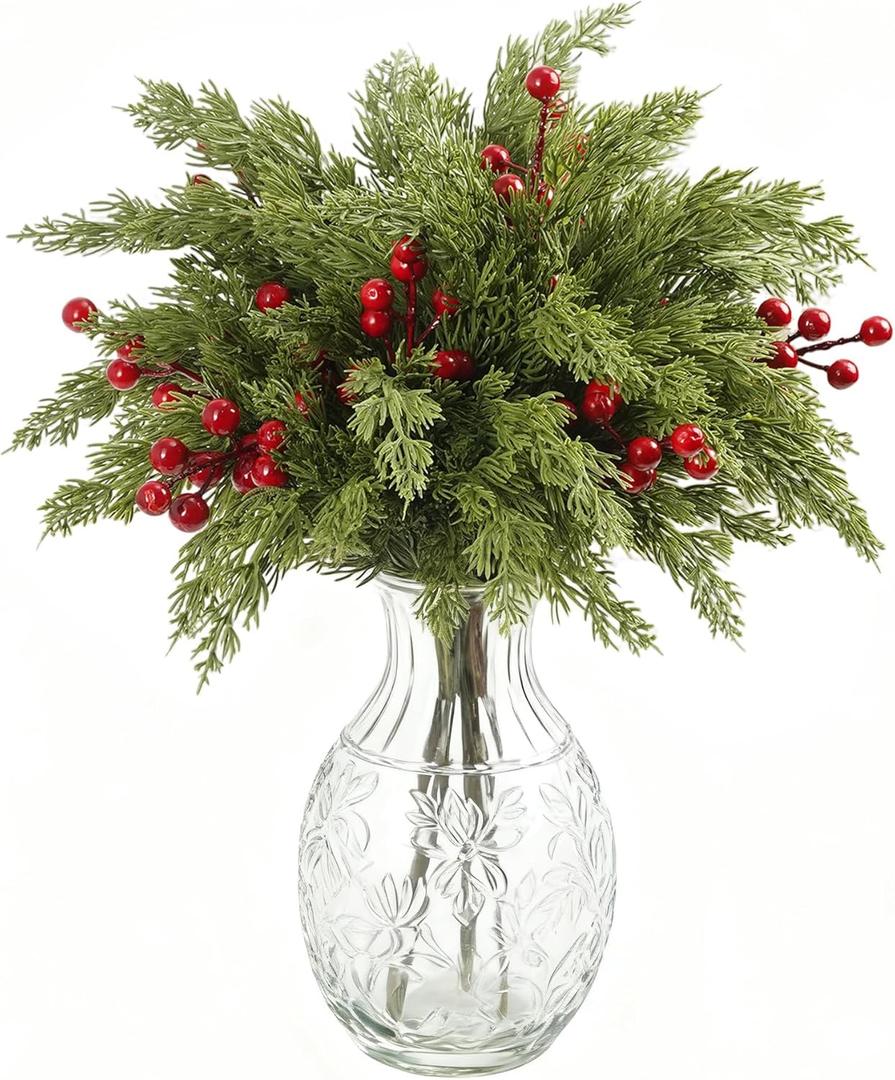 Artificial Pine Branches 17.7" Faux Cedar Pine Stem Fake Greenery Pines Picks with Red Berries Suitable for DIY Christmas-Themed Decorations and Styles