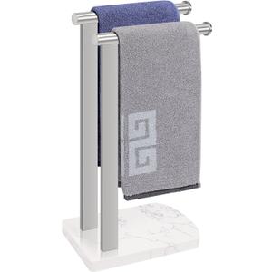 NearMoon Hand Towel Holder with Balanced Marble Base, SUS304 Stainless Steel Stand Towel Ring L Shape Hand Towel Rack Free-Standing Towel Bar for Bathroom Kitchen Countertop (Double Rod Brushed Nickel)