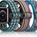 DaQin 3 Pack Stretchy Solo Loop Compatible with Apple Watch Bands for Women 49mm 46mm 45mm 44mm 42mm, Nylon Braided Elastic Strap for iWatch Band Series 11 10 9 8 7 6 5 4 3 SE Ultra 3 Ultra 2 Ultra (Boho Green/Green Arrow/Colorful)