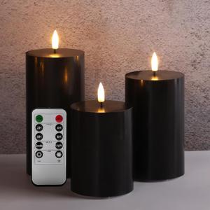Black Flameless Pillar Candles with Remote, Flickering LED Wax Candles Battery Operated Set of 3