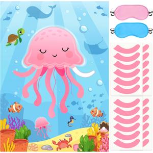 Pin The Tentacle On The Jellyfish Game Under The Sea Themed Poster with 24 Stickers Blindfolds Fun Ocean Animal Entertaining Classroom Activity for Kids Birthday Party Decorations Supplies Wall Decor