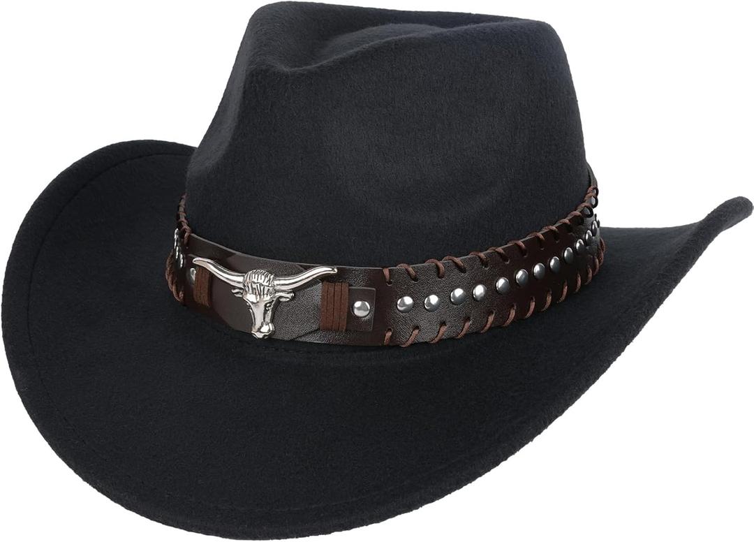 Western Cowboy Hat for Men Women,Classic Wide Brim Fedora Hat for Men &Women,Classic Felt Wide Brim Western Cowboy Cowgirl Hat,Accessories Outdoor Sun HatBlack