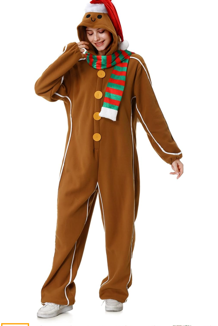 GRAJTCIN Women's Gingerbread Man Costume Christmas Onesie Jumpsuit Funny Cookies Cosplay L