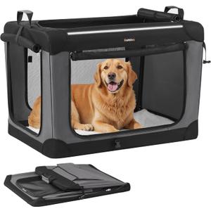 Feandrea Collapsible Dog Crate, 36-Inch Portable Dog Travel Crate for Large Dogs, Oxford Fabric Pet Carrier with 4 Mesh Doors, Handles, Storage Pocket, Water Bottle Holder, Ink Black UPDC019B01 (L36"L x 25"W x 25"H)