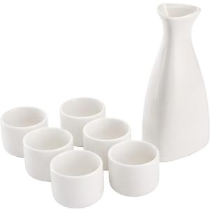 Tosnail 7 Pieces Ceramic Japanese Sake Set, 1 Serving Carafe and 6 Cups - White