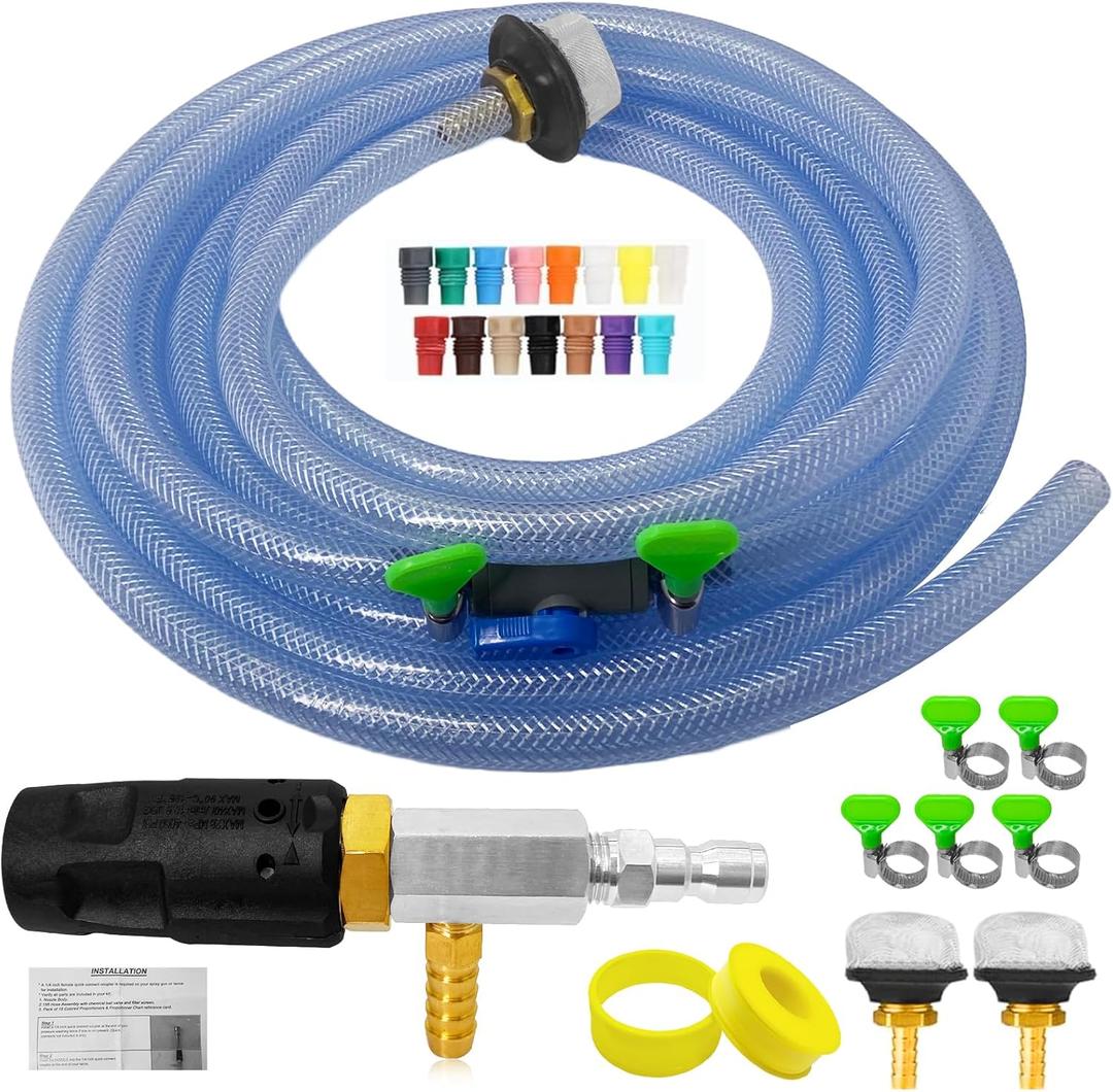 Adjustable Long Range Downstream Injection Nozzle Kit 2-2.5 GPM, Pressure Washer Spray Nozzle, Spray Nozzle Pressure Washer with 1/4" Quick Connect/15FT Hose/Shut-off Valve/Filter.2000 to 3000 PSI.