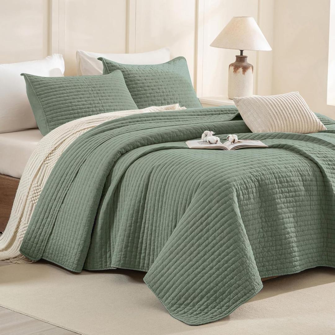 CozyTide Olive Green Oversized King Bedspread 120x120,Stone-Washed Cotton Lightweight Oversized King Quilt,3 Piece Extra Large Modern California King Coverlet Set Ultra Soft