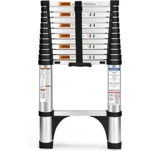 Soctone Telescoping Ladder, 12.5 FT Aluminum Button Retraction Extension Ladder with 2 Triangle Stabilizers, Multi-Purpose Ladder with Slow Down Design, 330lbs Max Capacity for House Daily Life