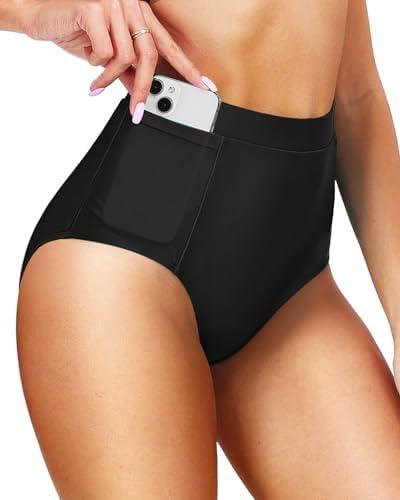 Tempt Me Women's High Waisted Bikini Bottom Full Coverage Tummy Control Swimsuit Bottom with Pockets M