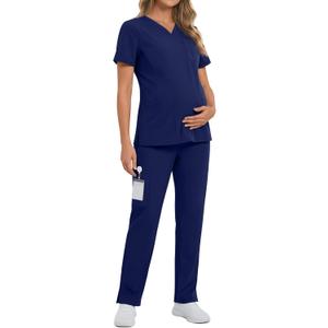 Women's Maternity Scrub Set V Neck Top Side Slit Stretchy Scrub Pants Pregnancy Nurse Uniform with 9 Pockets