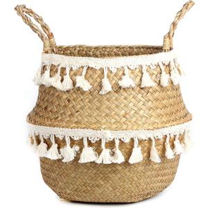 Tassel Macrame Woven Seagrass Belly Basket for Storage, Decoration, Laundry, Picnic, Plant Basin Cover, Groceries and Toy Storage (Large, Tassel) (Ivory White)