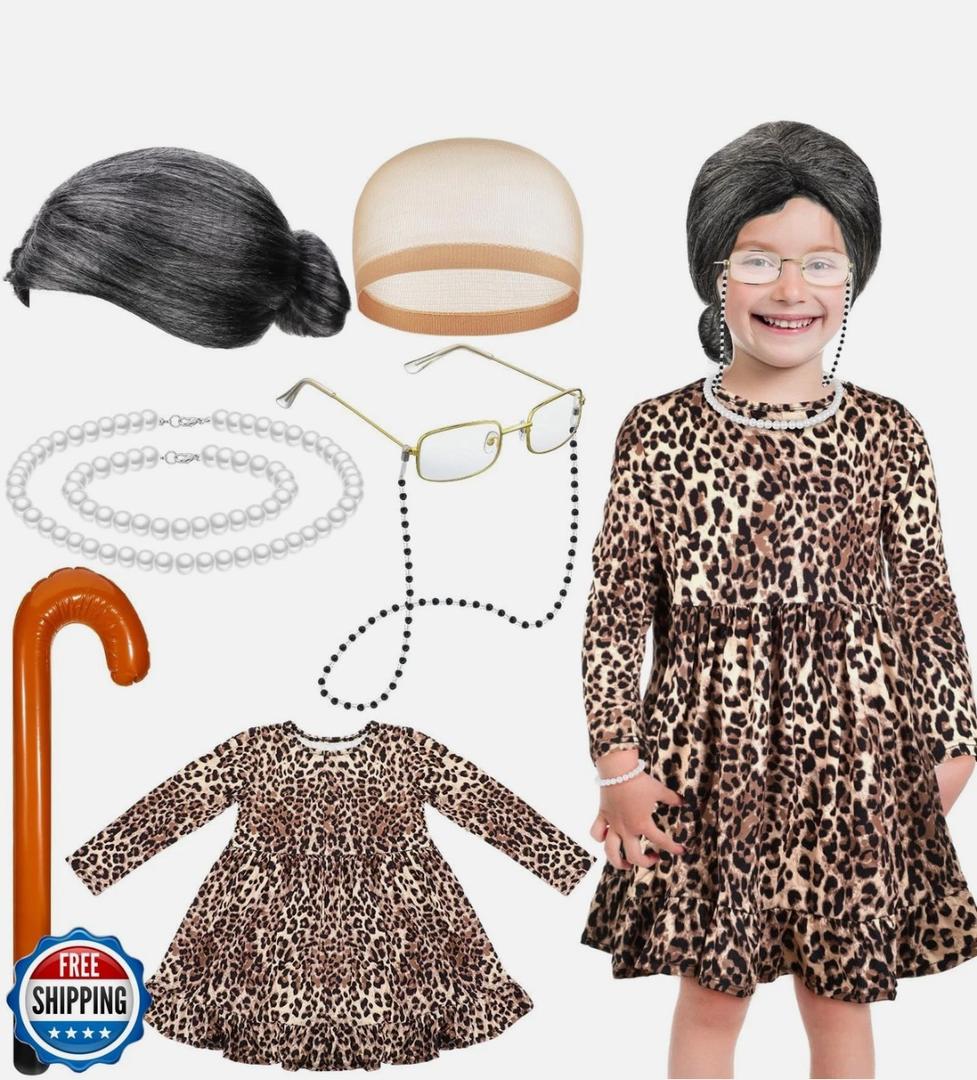 Yaomiao 8 Pcs 100 Days of School Costume for Kids Girls Old Lady Costume Grandma Granny Old People Outfit for Kids Girls 4-5Y