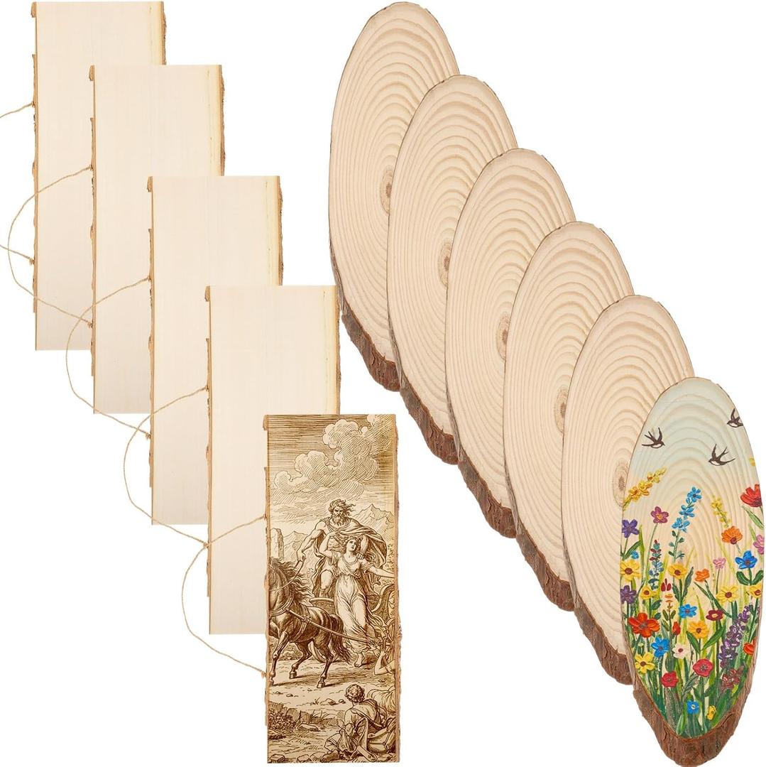 12 Pcs Hollow Rustic Boxwood Slab Natural Live Edge Wood Plank 6 Oval Unfinished Crafts Wood Slice 6 Square Wooden Plaque Centerpieces for Tables Burning Carving DIY Home Wedding Decoration