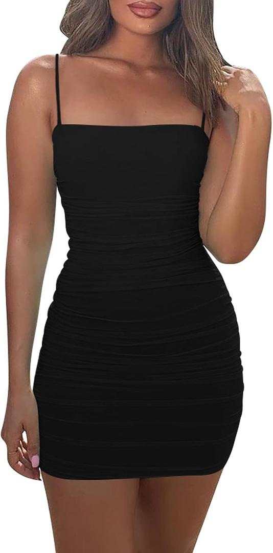 Mizoci Women's Sexy Sleeveless Ruched Spaghetti Strap Bodycon Mini Club Party Dress (Black)