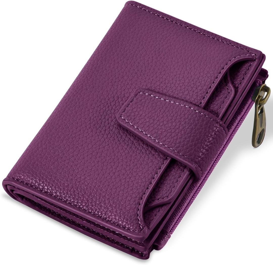 Small Wallet Women RFID Blocking Soft Leather Bifold Compact Card Holder Wallet for Women with Zipper Coin Pocket 4 ID Window (Deep Purple)