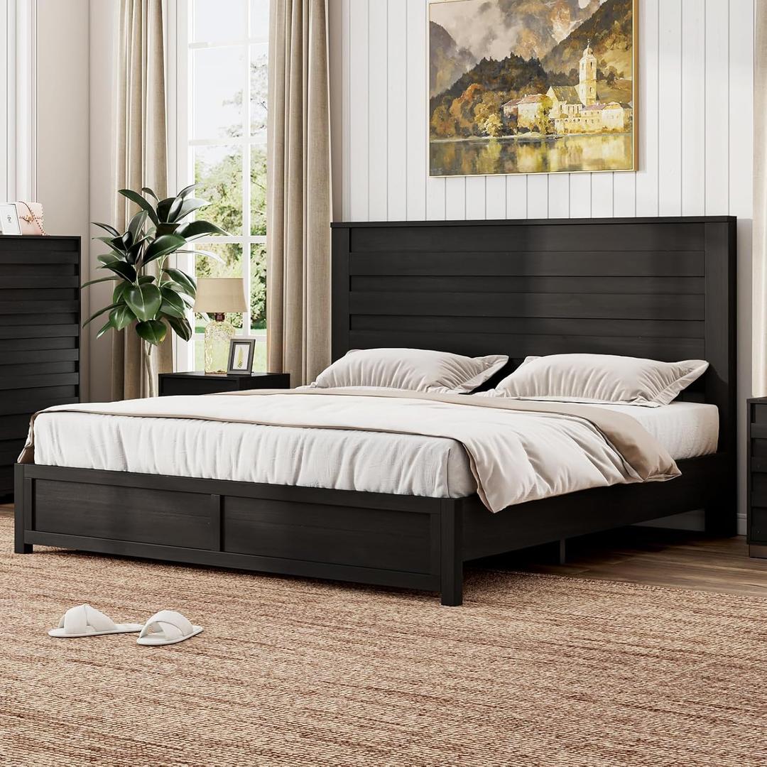 Farmhouse Queen Bed Frame with 49" Tall Headboard, Wooden Platform Bed with Hidden Metal Bed Frame, No Box Spring Needed/Noise Free, Black