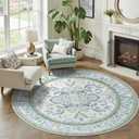 DCX Area Rug 4x4 Botanical Floral Washable Rugs in Green and Blue Soft Non Slip Low Pile Stain Resistant Round Carpet for High-Traffic Areas Bedroom Kitchen